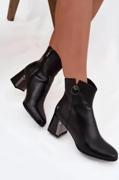 Sale Ocieplane Botki Z Naturalnej Skóry Na Słupku K7203-04 Czarne Damskie Botki Maciejka|Botki Skórzane
