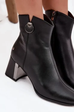 Sale Ocieplane Botki Z Naturalnej Skóry Na Słupku K7203-04 Czarne Damskie Botki Maciejka|Botki Skórzane