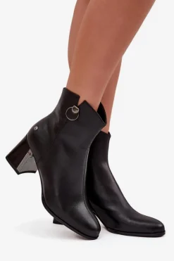 Sale Ocieplane Botki Z Naturalnej Skóry Na Słupku K7203-04 Czarne Damskie Botki Maciejka|Botki Skórzane