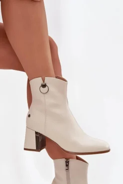 Best Ocieplane Botki Z Naturalnej Skóry Na Słupku K7203-04 Beżowe Damskie Botki Maciejka|Botki Skórzane