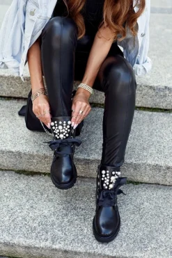 Sale Ocieplane Botki Z Perełkami I Wstążką Czarne Perla Damskie Botki Sznurowane|Czarne Botki