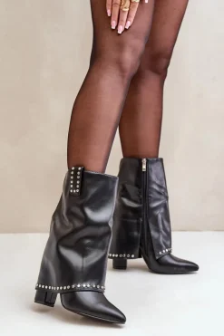 Clearance Boto Ocieplane Botki Z Wywiniętą Cholewką Na Słupku Czarne Tamalis