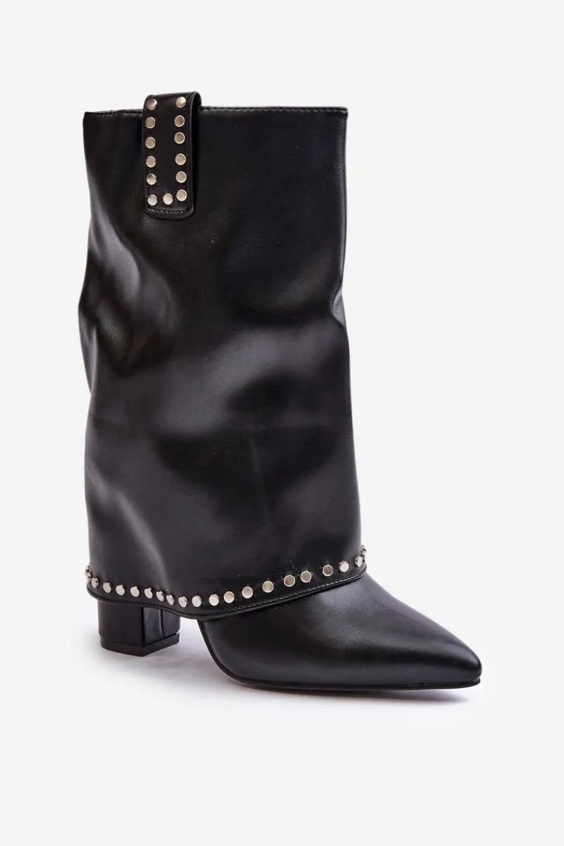 Clearance Boto Ocieplane Botki Z Wywiniętą Cholewką Na Słupku Czarne Tamalis