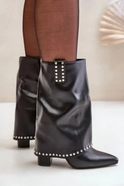 Clearance Boto Ocieplane Botki Z Wywiniętą Cholewką Na Słupku Czarne Tamalis