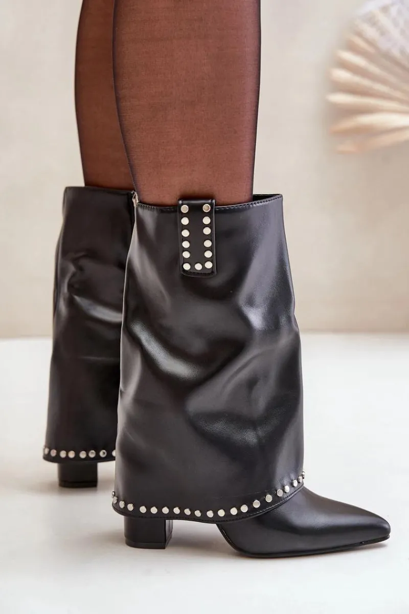 Clearance Boto Ocieplane Botki Z Wywiniętą Cholewką Na Słupku Czarne Tamalis