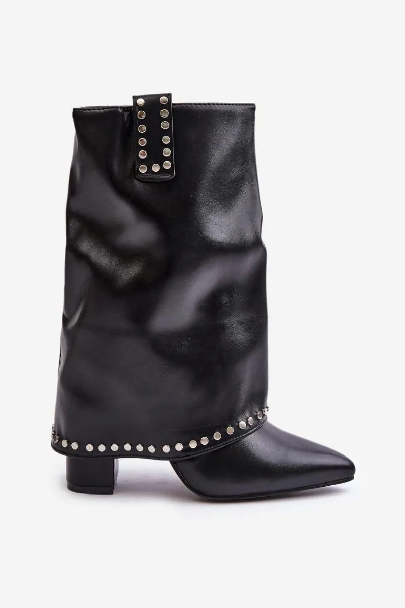 Clearance Boto Ocieplane Botki Z Wywiniętą Cholewką Na Słupku Czarne Tamalis