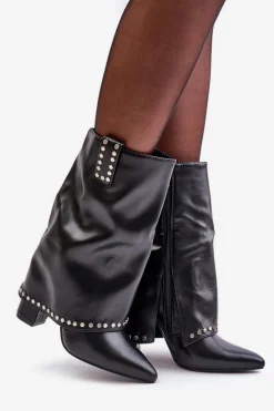 Clearance Boto Ocieplane Botki Z Wywiniętą Cholewką Na Słupku Czarne Tamalis