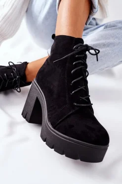 Botki Na Słupku|Botki Zimowe Damskie>Boto Ocieplane Botki Zamszowe na Słupku Czarne Direction