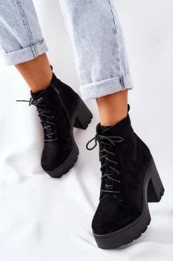 Botki Na Słupku|Botki Zimowe Damskie>Boto Ocieplane Botki Zamszowe na Słupku Czarne Direction