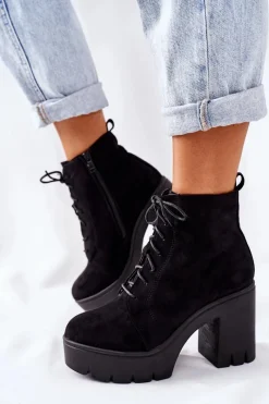 Botki Na Słupku|Botki Zimowe Damskie></noscript>Boto Ocieplane Botki Zamszowe na Słupku Czarne Direction