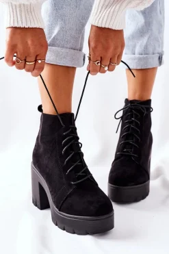 Botki Na Słupku|Botki Zimowe Damskie></noscript>Boto Ocieplane Botki Zamszowe na Słupku Czarne Direction