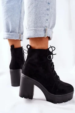 Botki Na Słupku|Botki Zimowe Damskie></noscript>Boto Ocieplane Botki Zamszowe na Słupku Czarne Direction