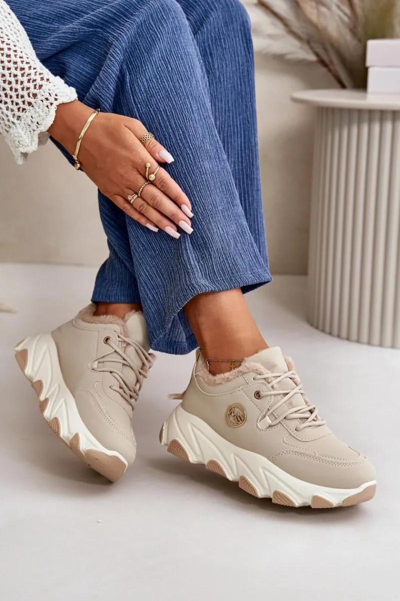 Sneakersy Damskie|Botki Sznurowane>Boto Ocieplane Buty Sportowe Damskie Sznurowane Na Platformie Beżowe Bialoa Beżowy