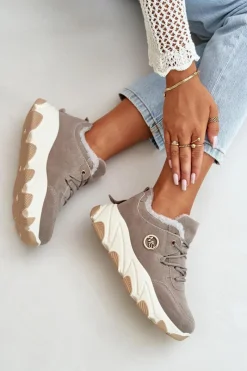 Sneakersy Damskie|Botki Sznurowane>Boto Ocieplane Buty Sportowe Damskie Sznurowane Na Platformie Szare Bialoa