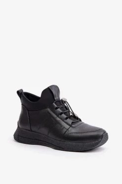 Best Ocieplane Buty Sportowe Skórzane Na Zamek 55C0041 Czarne Damskie Buty Sportowe Na Platformie