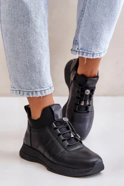 Best Ocieplane Buty Sportowe Skórzane Na Zamek 55C0041 Czarne Damskie Buty Sportowe Na Platformie