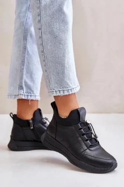 Best Ocieplane Buty Sportowe Skórzane Na Zamek 55C0041 Czarne Damskie Buty Sportowe Na Platformie