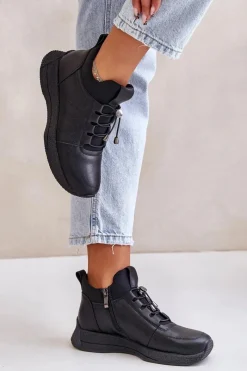 Best Ocieplane Buty Sportowe Skórzane Na Zamek 55C0041 Czarne Damskie Buty Sportowe Na Platformie