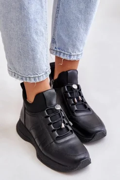 Best Ocieplane Buty Sportowe Skórzane Na Zamek 55C0041 Czarne Damskie Buty Sportowe Na Platformie