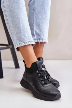 Best Ocieplane Buty Sportowe Skórzane Na Zamek 55C0041 Czarne Damskie Buty Sportowe Na Platformie