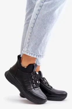 Best Ocieplane Buty Sportowe Skórzane Na Zamek 55C0041 Czarne Damskie Buty Sportowe Na Platformie
