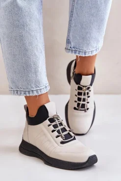 Best Ocieplane Buty Sportowe Skórzane Na Zamek 55C0038 Beżowe Damskie Buty Sportowe Na Platformie