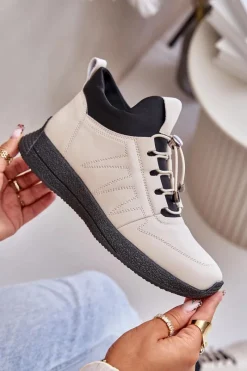 Best Ocieplane Buty Sportowe Skórzane Na Zamek 55C0038 Beżowe Damskie Buty Sportowe Na Platformie