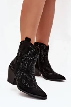 Ocieplane Damskie Botki Kowbojki Ze Zdobieniem Czarne Lelira Damskie Botki Na Słupku|Botki Na Obcasie