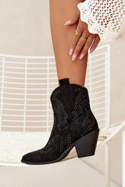 Ocieplane Damskie Botki Kowbojki Ze Zdobieniem Czarne Lelira Damskie Botki Na Słupku|Botki Na Obcasie