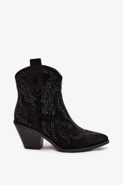 Ocieplane Damskie Botki Kowbojki Ze Zdobieniem Czarne Lelira Damskie Botki Na Słupku|Botki Na Obcasie