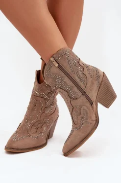 Sale Boto Ocieplane Damskie Botki Kowbojki Ze Zdobieniem Beżowe Lelira Beżowy