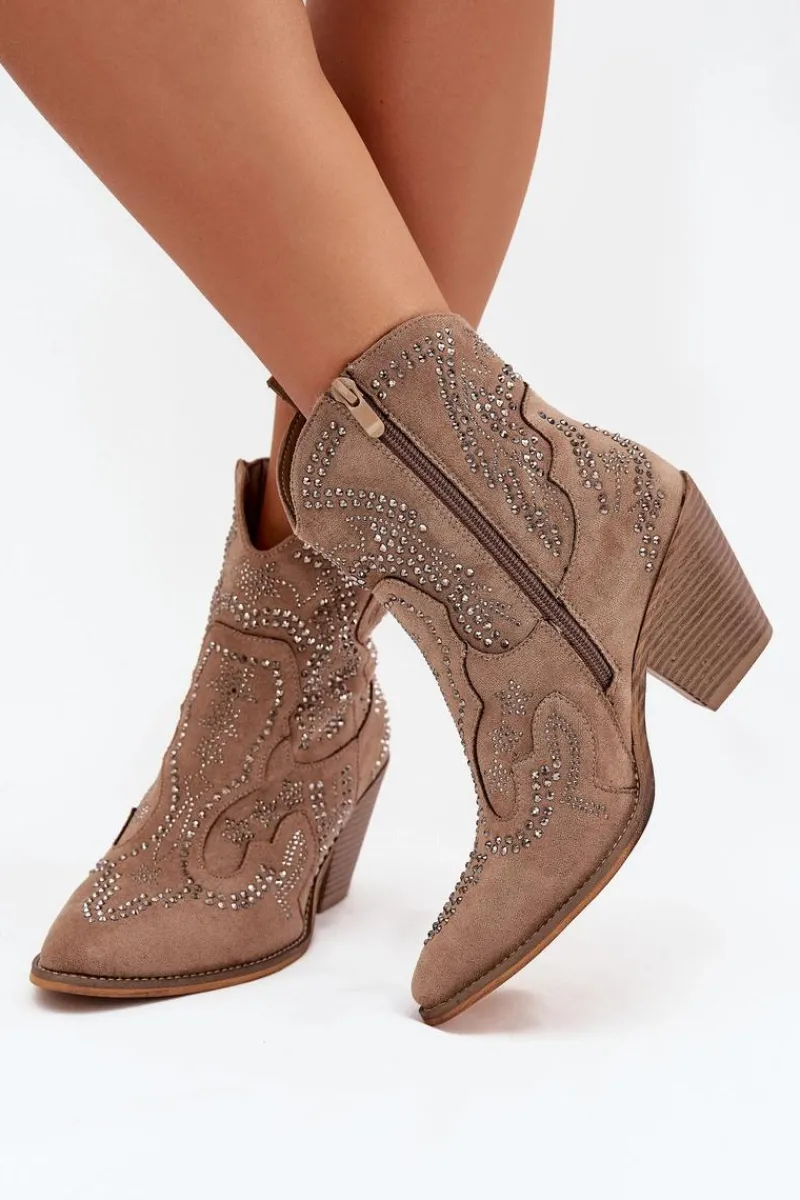 Sale Boto Ocieplane Damskie Botki Kowbojki Ze Zdobieniem Beżowe Lelira Beżowy