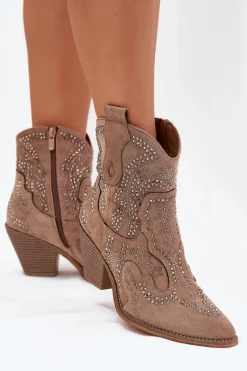 Sale Boto Ocieplane Damskie Botki Kowbojki Ze Zdobieniem Beżowe Lelira Beżowy