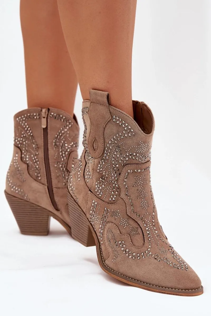 Sale Boto Ocieplane Damskie Botki Kowbojki Ze Zdobieniem Beżowe Lelira Beżowy