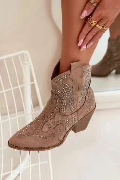 Sale Boto Ocieplane Damskie Botki Kowbojki Ze Zdobieniem Beżowe Lelira Beżowy