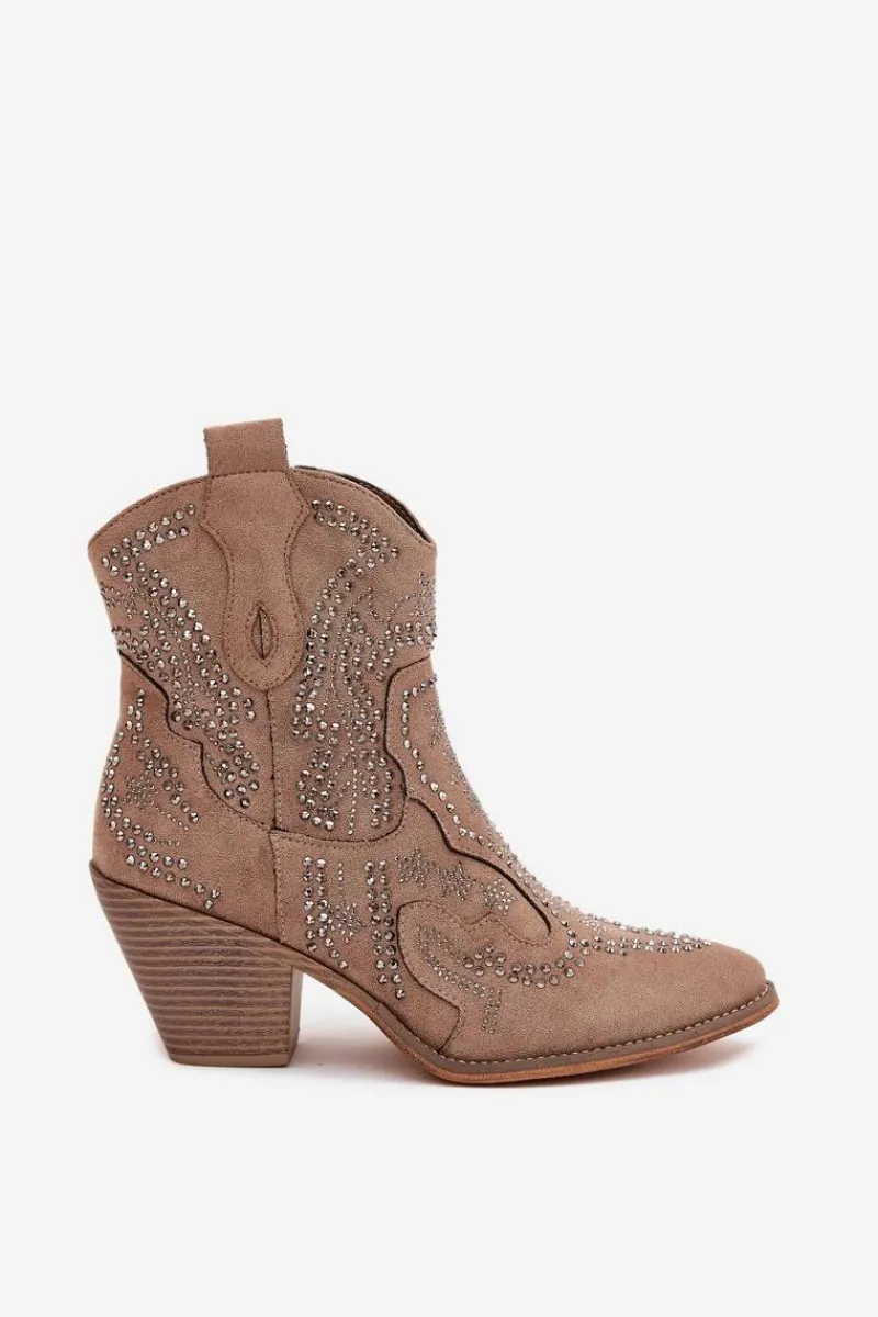 Sale Boto Ocieplane Damskie Botki Kowbojki Ze Zdobieniem Beżowe Lelira Beżowy