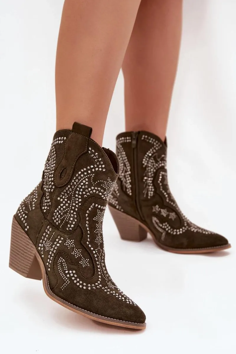 Botki Na Słupku|Botki Na Obcasie>Boto Ocieplane Damskie Botki Kowbojki Ze Zdobieniem Ciemnozielone Lelira Zielony