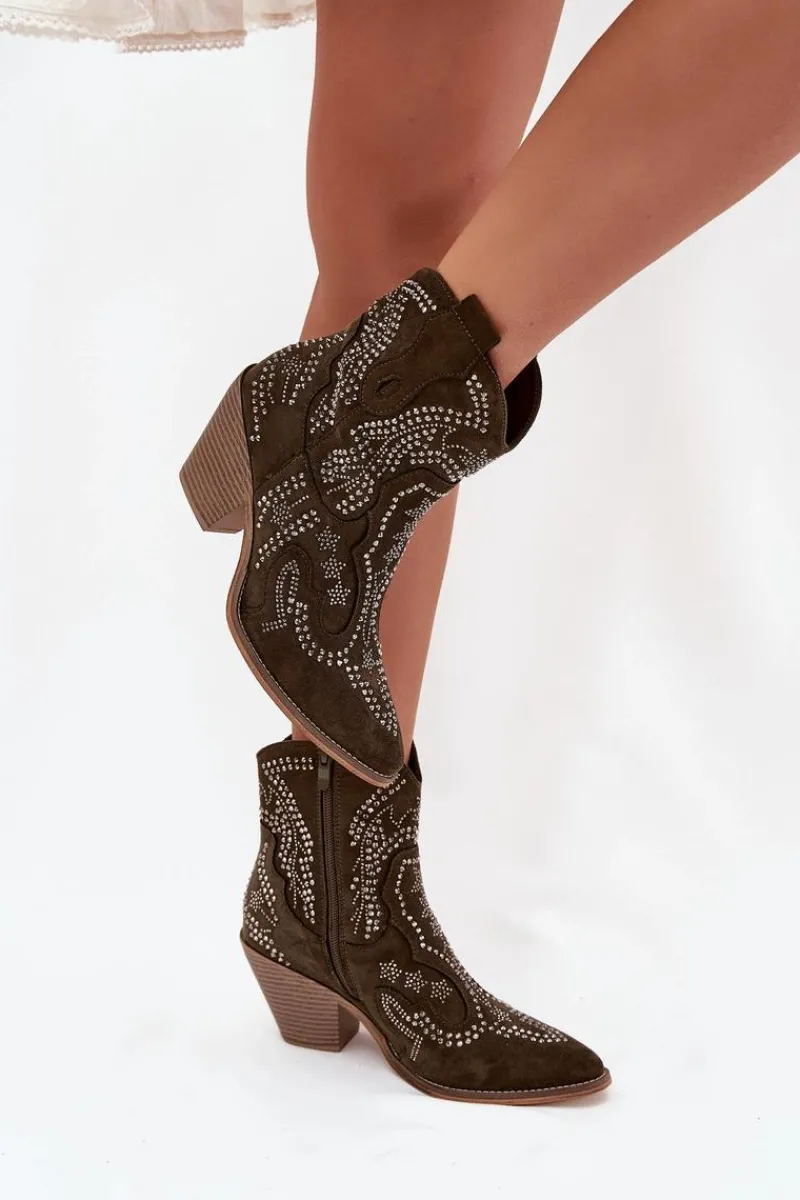 Botki Na Słupku|Botki Na Obcasie>Boto Ocieplane Damskie Botki Kowbojki Ze Zdobieniem Ciemnozielone Lelira Zielony