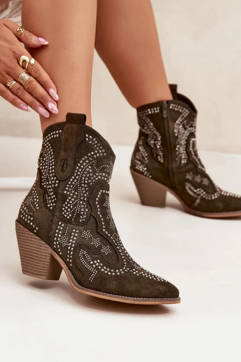 Botki Na Słupku|Botki Na Obcasie>Boto Ocieplane Damskie Botki Kowbojki Ze Zdobieniem Ciemnozielone Lelira Zielony