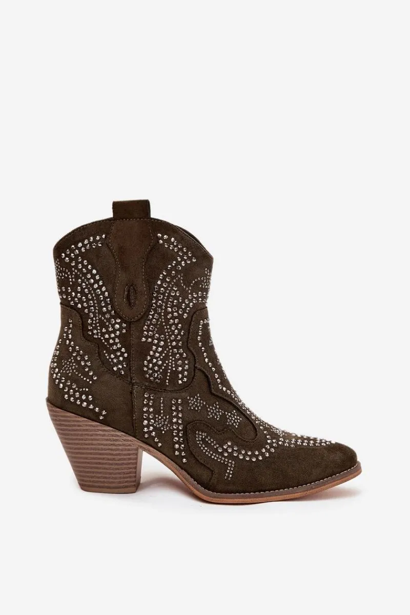 Botki Na Słupku|Botki Na Obcasie>Boto Ocieplane Damskie Botki Kowbojki Ze Zdobieniem Ciemnozielone Lelira Zielony