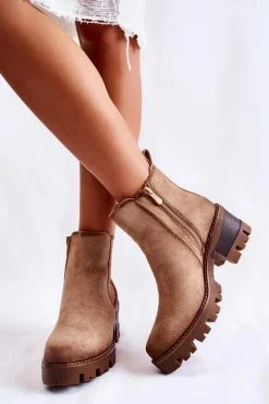 Outlet Ocieplane Damskie Botki Na Suwak Beżowe Lenaris Damskie Botki Na Słupku|Czarne Botki