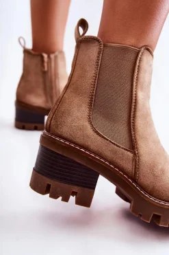 Outlet Ocieplane Damskie Botki Na Suwak Beżowe Lenaris Damskie Botki Na Słupku|Czarne Botki