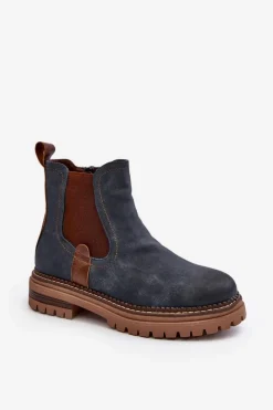 Hot Evento Ocieplane Damskie Botki Sztyblety Na Płaskim Obcasie Niebieskie Myrine