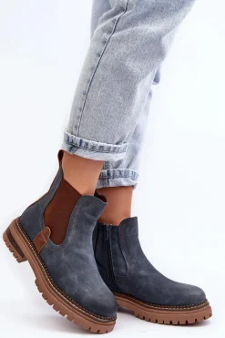 Hot Evento Ocieplane Damskie Botki Sztyblety Na Płaskim Obcasie Niebieskie Myrine