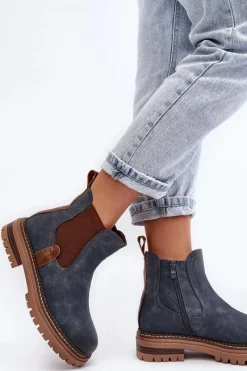 Hot Evento Ocieplane Damskie Botki Sztyblety Na Płaskim Obcasie Niebieskie Myrine