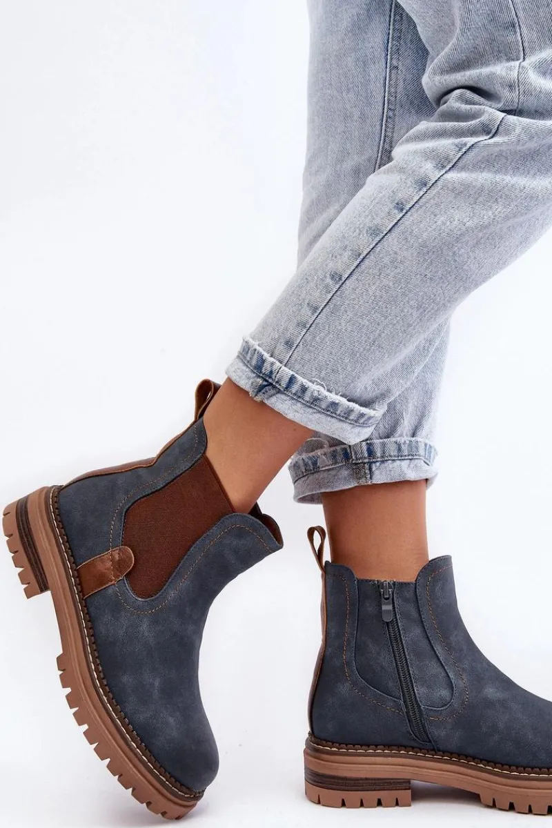 Hot Evento Ocieplane Damskie Botki Sztyblety Na Płaskim Obcasie Niebieskie Myrine