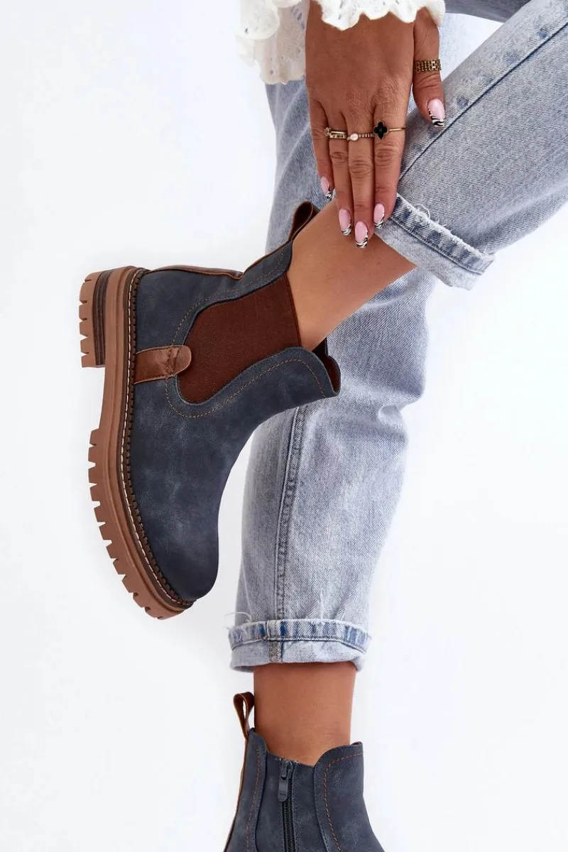 Hot Evento Ocieplane Damskie Botki Sztyblety Na Płaskim Obcasie Niebieskie Myrine