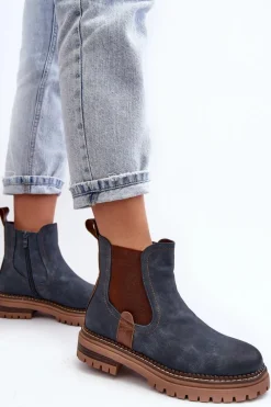 Hot Evento Ocieplane Damskie Botki Sztyblety Na Płaskim Obcasie Niebieskie Myrine