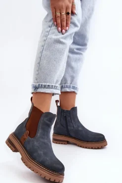 Hot Evento Ocieplane Damskie Botki Sztyblety Na Płaskim Obcasie Niebieskie Myrine