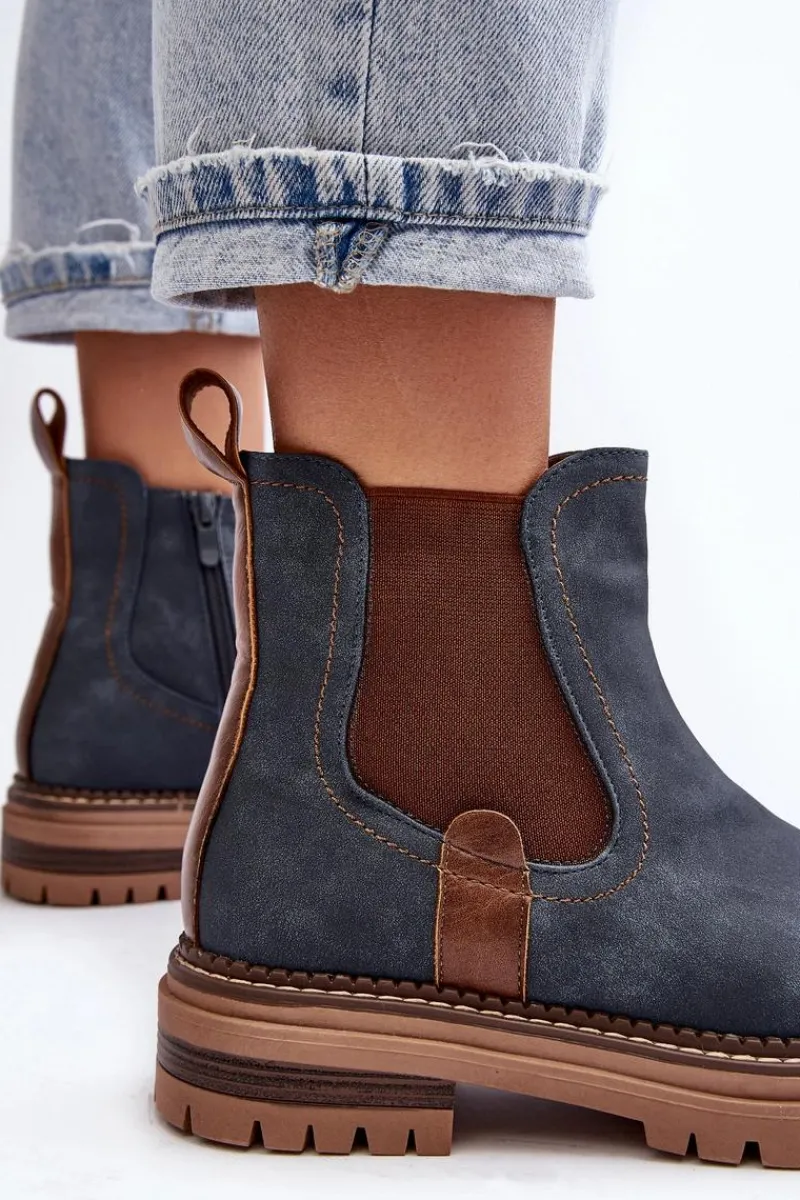 Hot Evento Ocieplane Damskie Botki Sztyblety Na Płaskim Obcasie Niebieskie Myrine